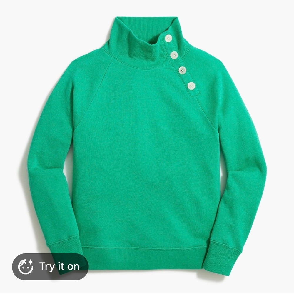 J.Crew Womens Green Button-Collar Fleece Sweatshirt Pullover Size S Kelly Green